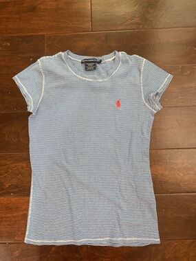 Ralph Lauren Blue & White Striped Short Sleeve Tee with Red Pony Logo